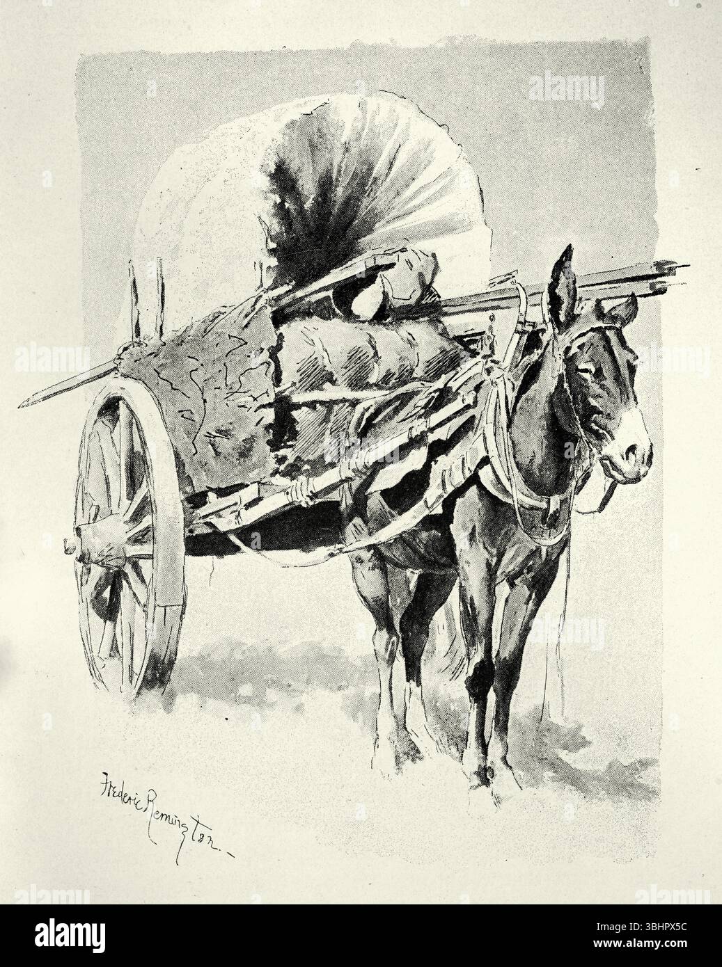 Piccolo carro coperto a due ruote trainato da un mulo sull'Oregon Trail, storia del selvaggio West, illustrazione d'epoca, XIX secolo Foto Stock