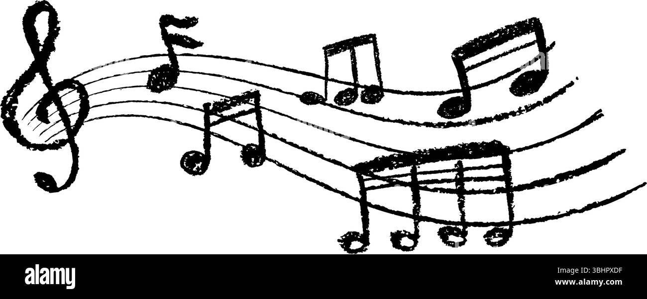Notazione musicale per scarabocchi al carbone. Design pop scritto a mano con note colorate e linee pulite. Simpatici simboli di canzone scritti a mano da pastello nero su bianco Illustrazione Vettoriale