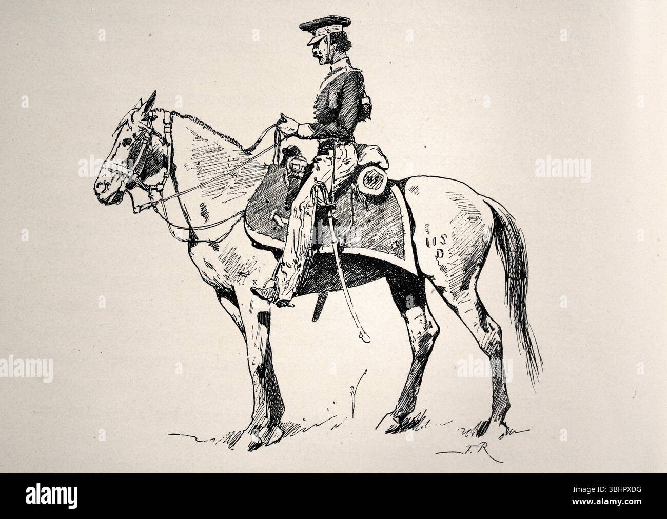 Cavalcare un soldato di cavalleria dell'esercito DEGLI STATI UNITI, lungo l'Oregon Trail, storia del selvaggio West, illustrazione d'epoca, XIX secolo Foto Stock