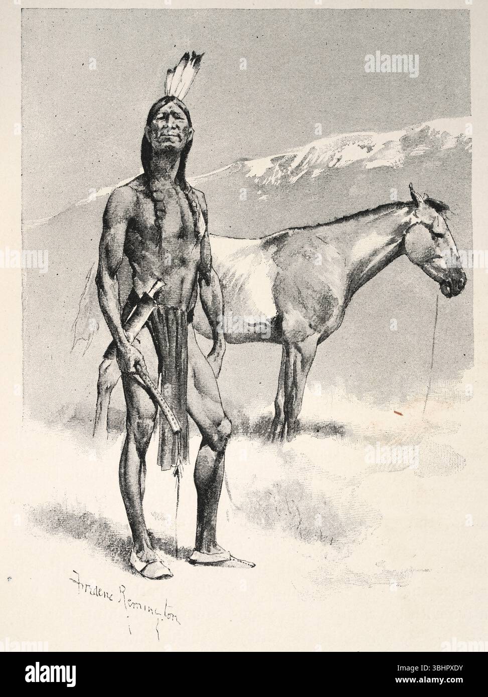 Schizzo del coraggioso nativo americano e del suo cavallo dall'Oregon Trail, storia del selvaggio West, illustrazione d'epoca, XIX secolo Foto Stock