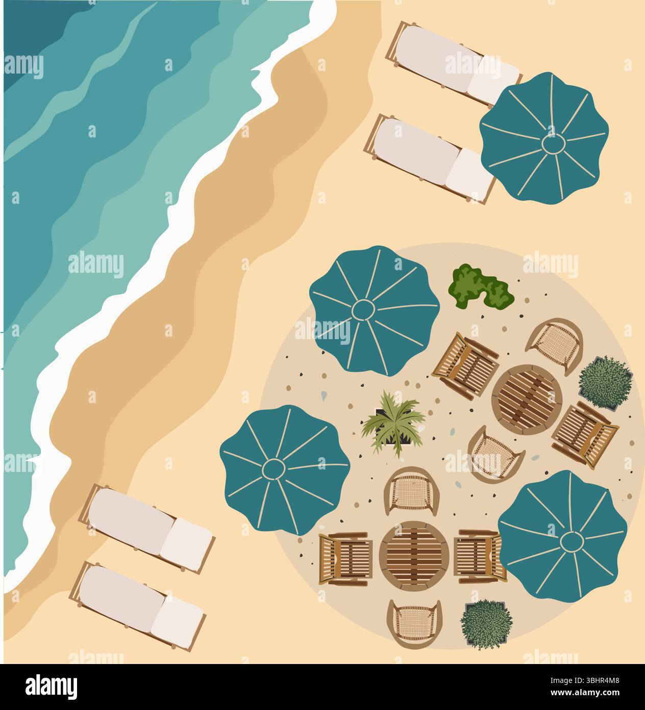 Vista aerea della spiaggia con tavoli da caffè in legno Illustrazione Vettoriale