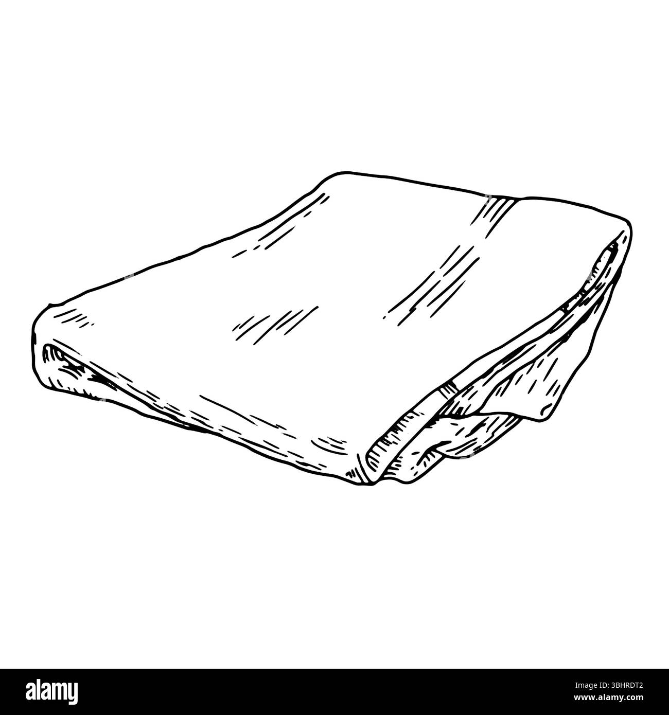 Tovagliolo in lino piegato, inchiostro bianco e nero. Illustrazione vettoriale. Asciugamano da cucina, isolato su sfondo bianco. È disegnato in uno stile semplice. F Illustrazione Vettoriale