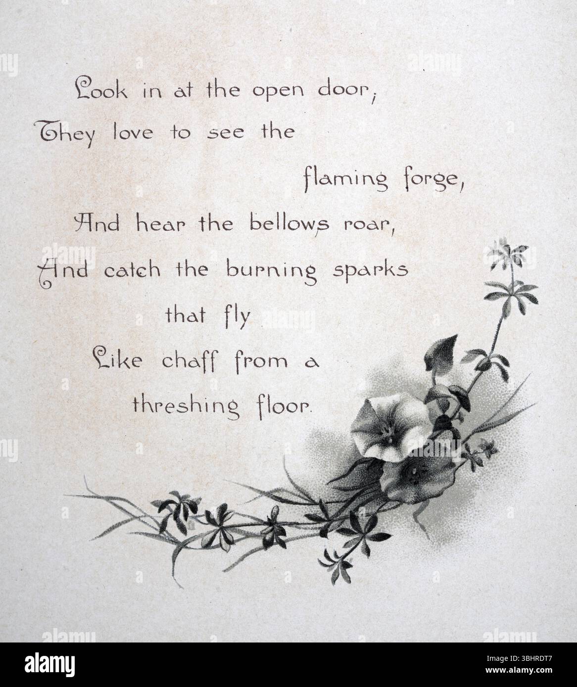 Guarda la porta aperta, pagina per il Village Blacksmith di Henry W Longfellow poesia, poesia vittoriana del XIX secolo Foto Stock