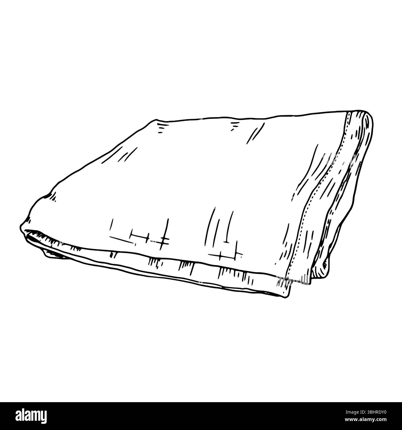 Tovagliolo in lino piegato, inchiostro bianco e nero. Illustrazione vettoriale. Asciugamano da cucina, isolato su sfondo bianco. È disegnato in uno stile semplice. F Illustrazione Vettoriale