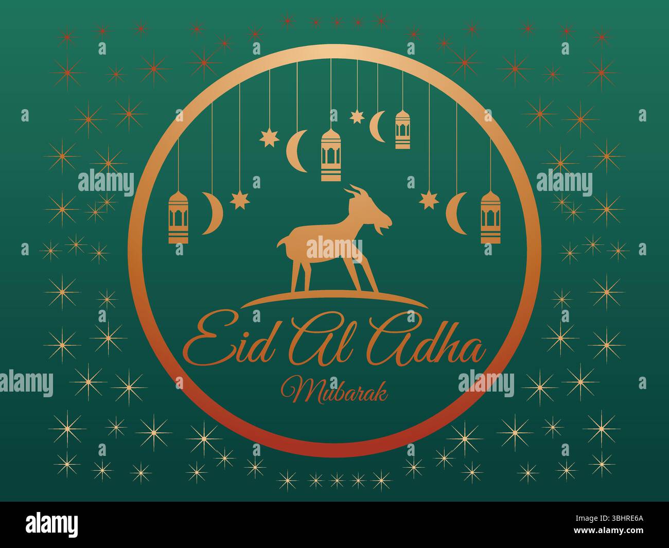 Elegante biglietto d'auguri Eid al Adha con silhouette di capra dorata, lune a mezzaluna, lanterne e stelle su sfondo verde, con tipografia festosa Illustrazione Vettoriale