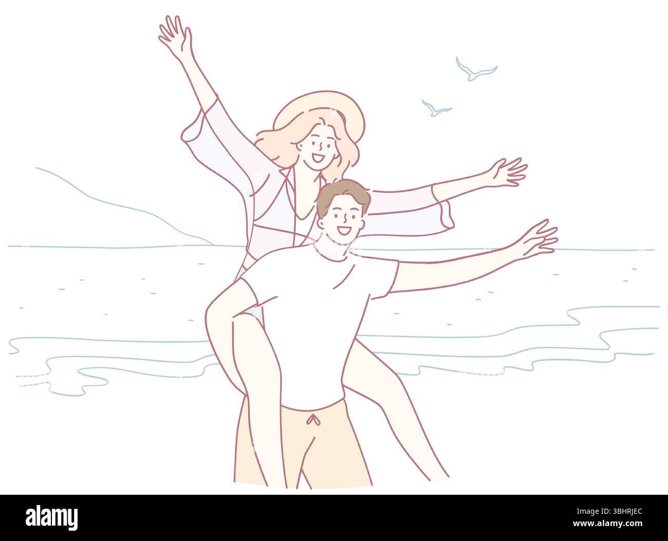 Un'illustrazione stravagante di una coppia allegra che si gode una splendida giornata in spiaggia, catturando gioia e solidarietà Illustrazione Vettoriale