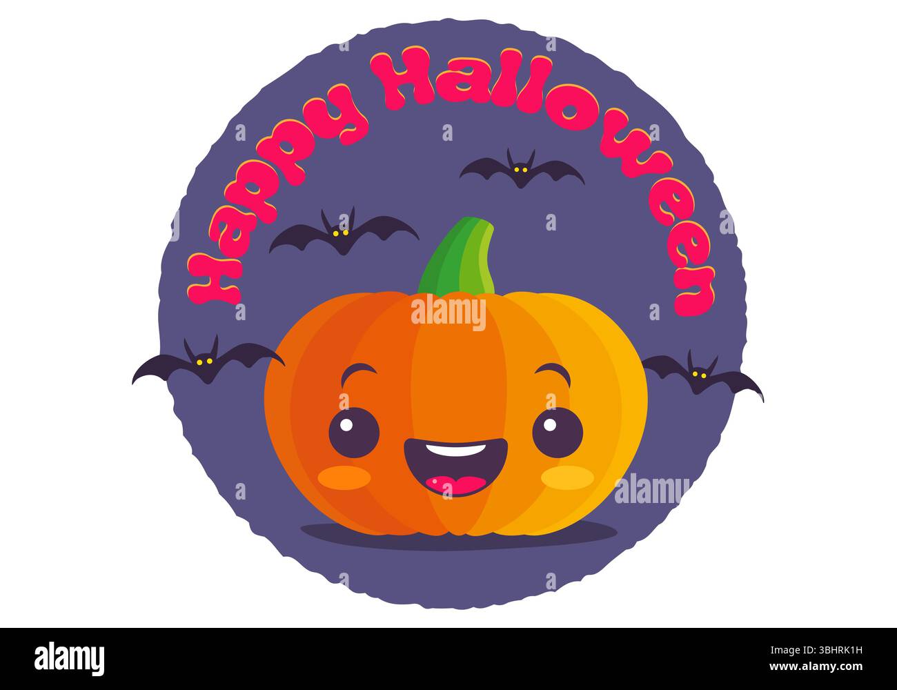 Illustrazione vettoriale della simpatica zucca per Halloween. Zucca e pipistrelli. Illustrazione Vettoriale
