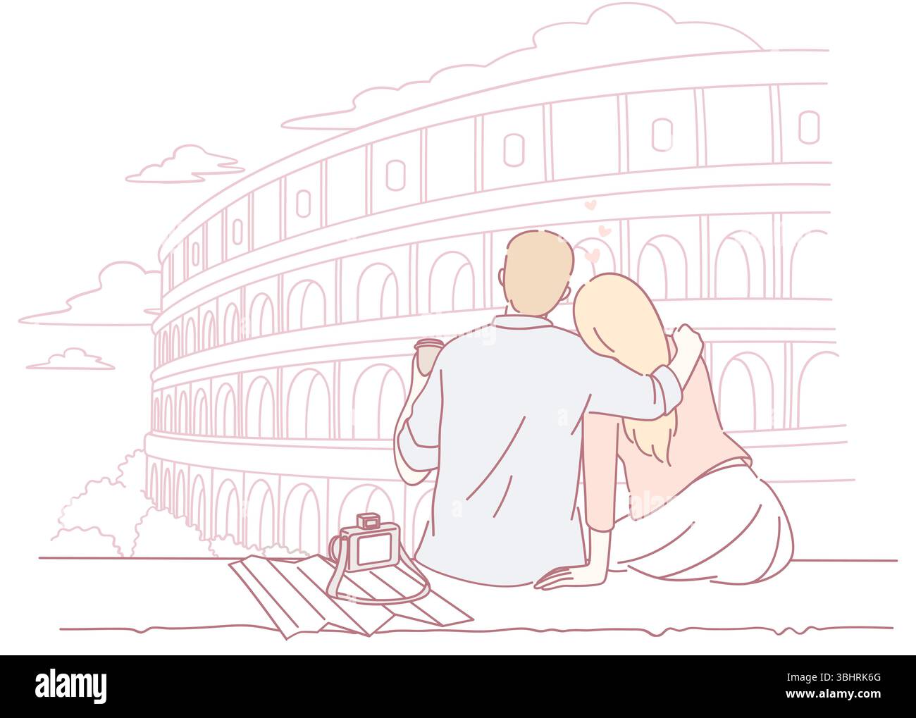 Una coppia si abbraccia amorevolmente all'iconico Colosseo, catturando un momento di romanticismo in un ambiente bellissimo Illustrazione Vettoriale