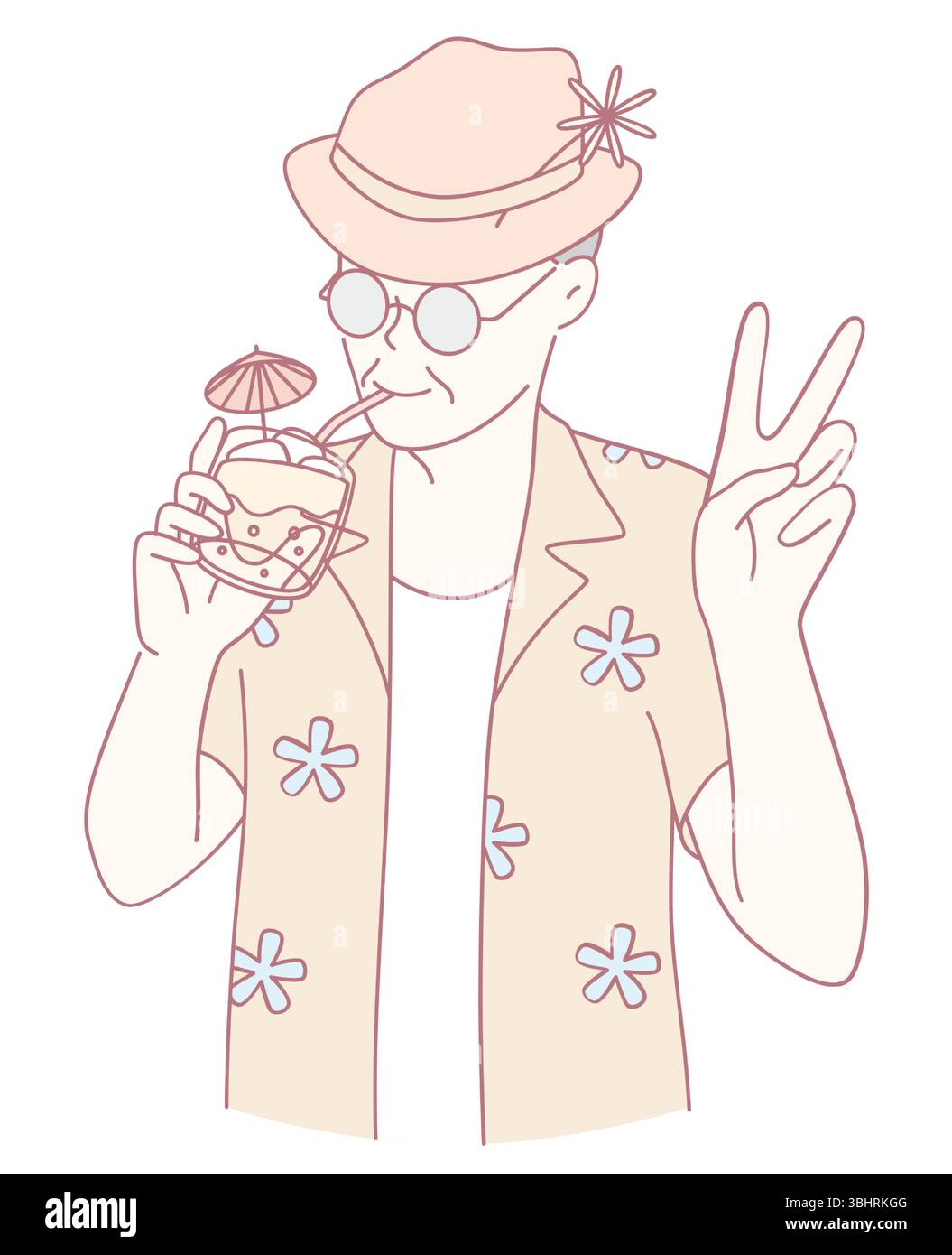 Un'illustrazione rilassata che raffigura una persona gioiosamente sorseggiando un drink tropicale mentre mostra con orgoglio un segno di pace Illustrazione Vettoriale