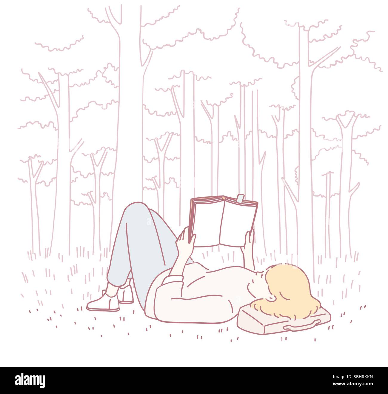 Una scena tranquilla mostra una donna immersa in un libro nei tranquilli boschi, che illustra il relax e la calma Illustrazione Vettoriale
