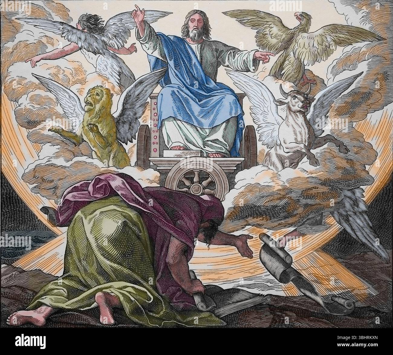 Vecchio Testamento. La visione di Ezekiel del carro. Il Libro del profeta Ezechiele. Illustrazione di J. Schnorr von Carolsfeld. "La Bibbia dei quadri", 1852-60. Foto Stock
