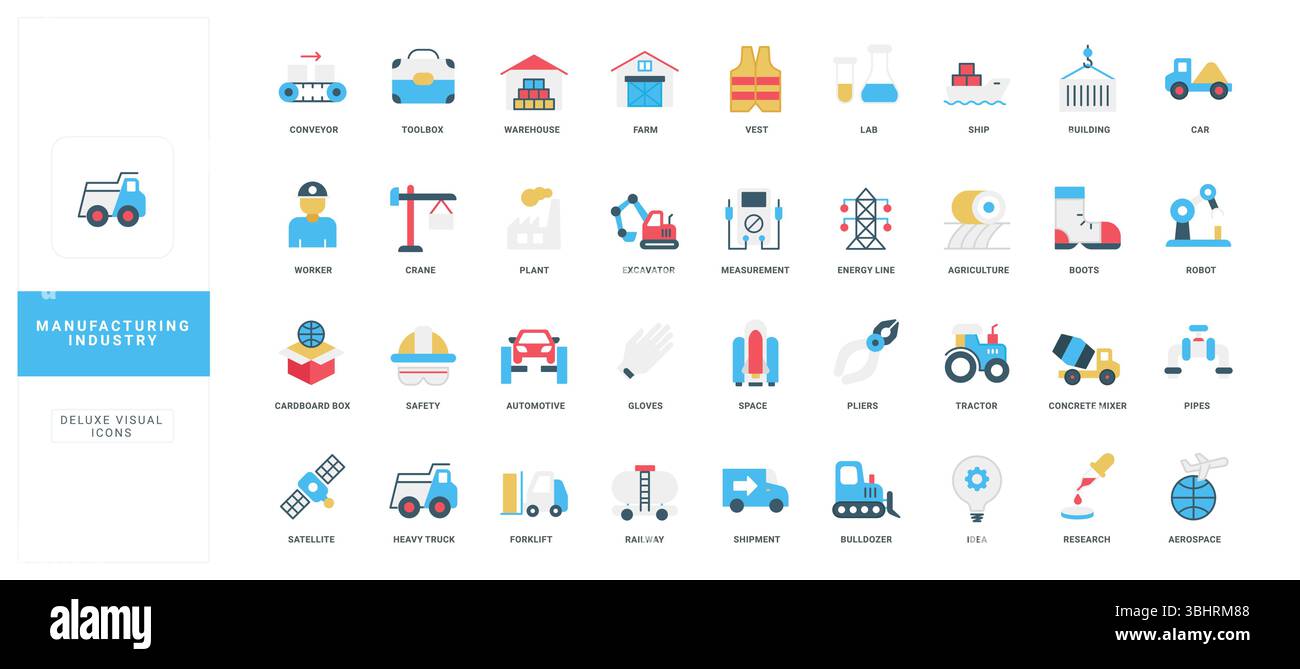 Icone piatte moderne per la produzione, l'industria, le costruzioni e i progetti tecnologici, perfette per infografiche, presentazioni e web design isolate su sfondo bianco Illustrazione Vettoriale