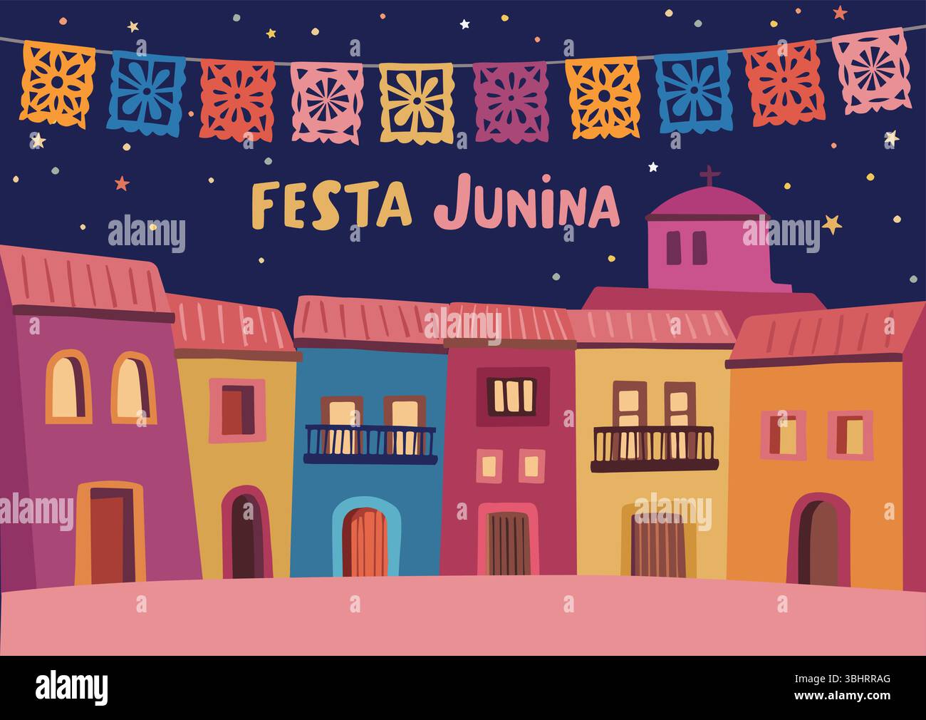 Festa junina, biglietto di auguri per la festa brasiliana di giugno, invito. Sao Joao festività latinoamericana. Papel picado che brandisce bandiere garland, ospita stelle Illustrazione Vettoriale