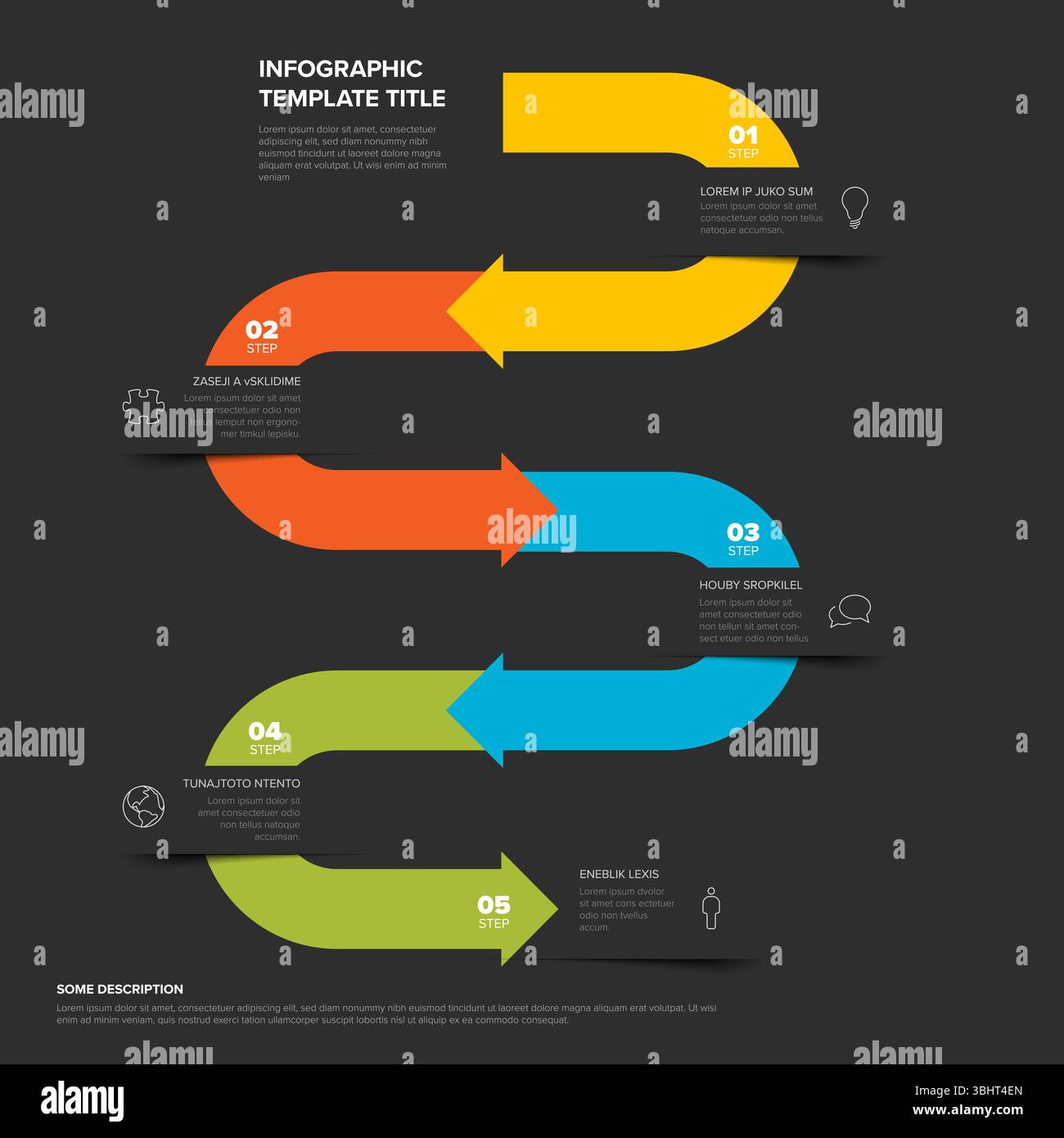 Questo moderno modello infografico presenta un processo in 5 fasi mostrato con frecce di avvolgimento colorate su sfondo scuro. Utilizzare questo modello versatile per cl Illustrazione Vettoriale