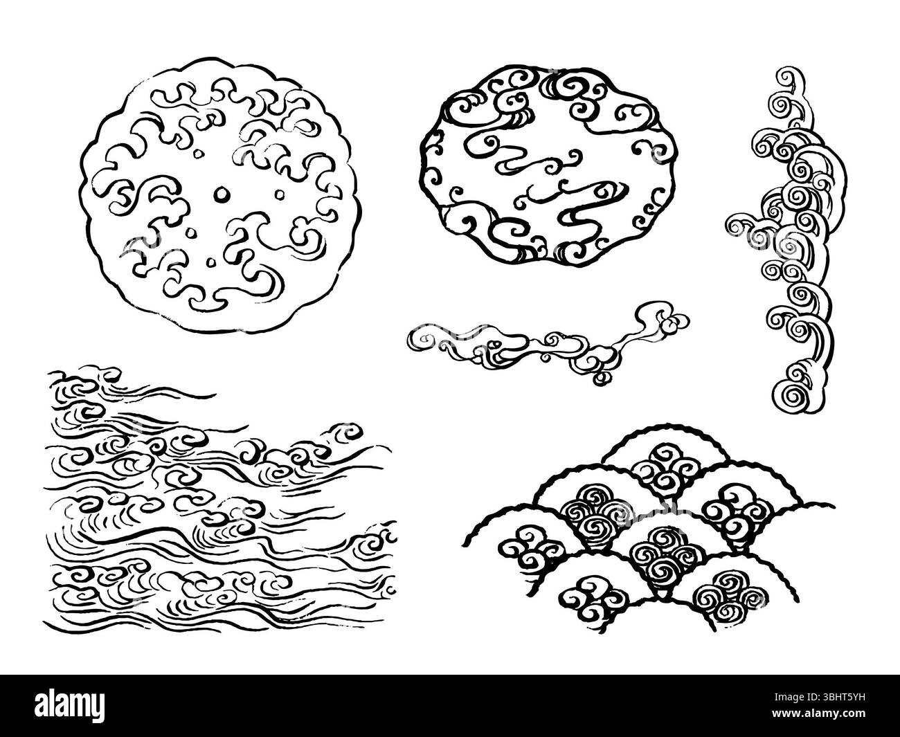 Illustrazione grafica in linea in stile giapponese nero. Set di onde pennellate. Concetto di mare, spruzzi d'acqua e vasche idromassaggio. Collezione Wave giapponese Foto Stock