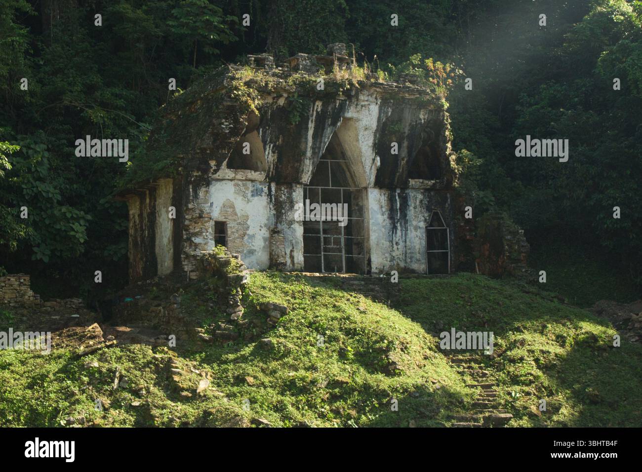 Antiche rovine maya di Palenque nel Chiapas, Messico, sito patrimonio dell'umanità dell'UNESCO circondato dalla giungla e dalla storia. Foto Stock