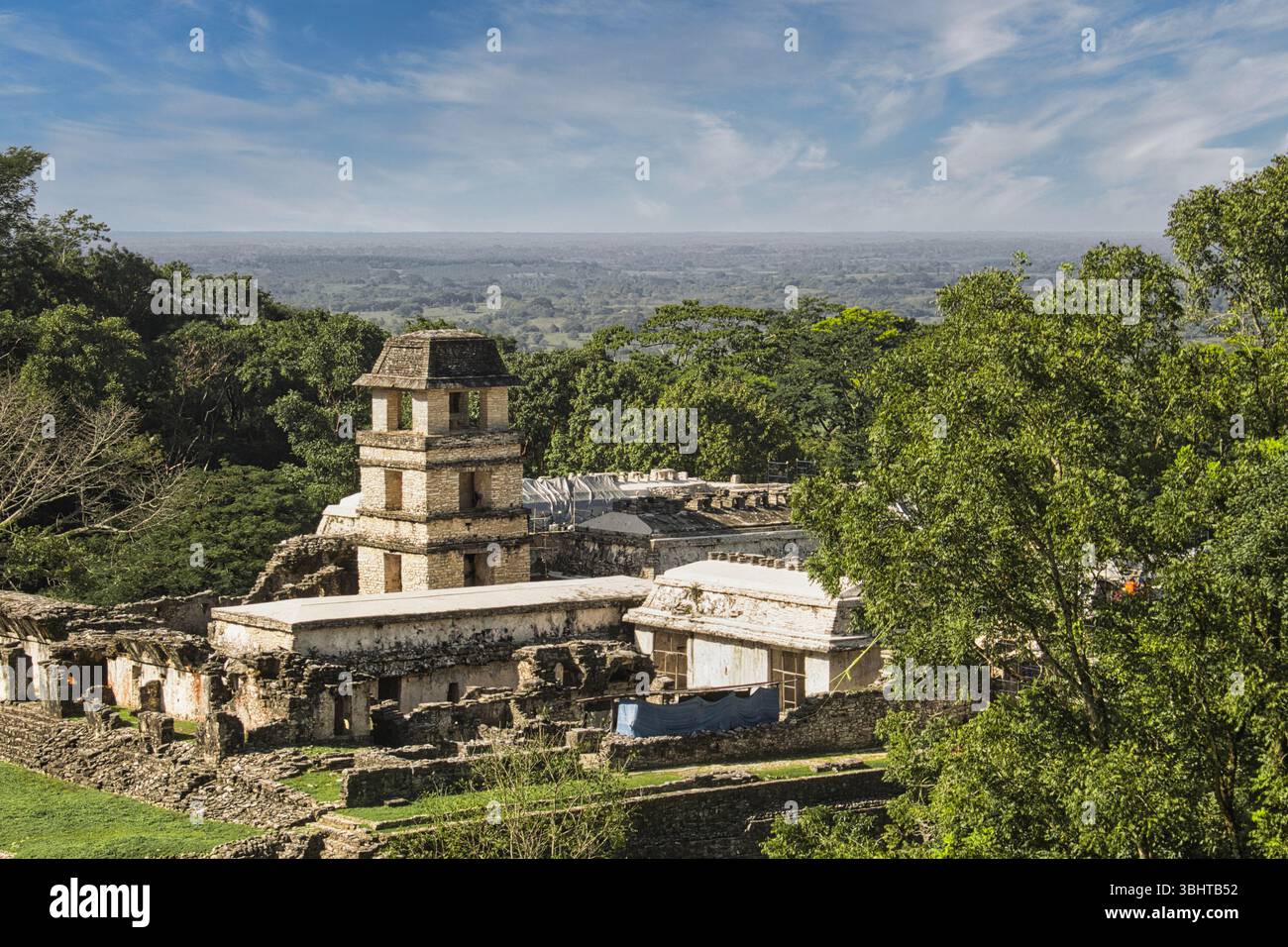 Antiche rovine maya di Palenque nel Chiapas, Messico, sito patrimonio dell'umanità dell'UNESCO circondato dalla giungla e dalla storia. Foto Stock