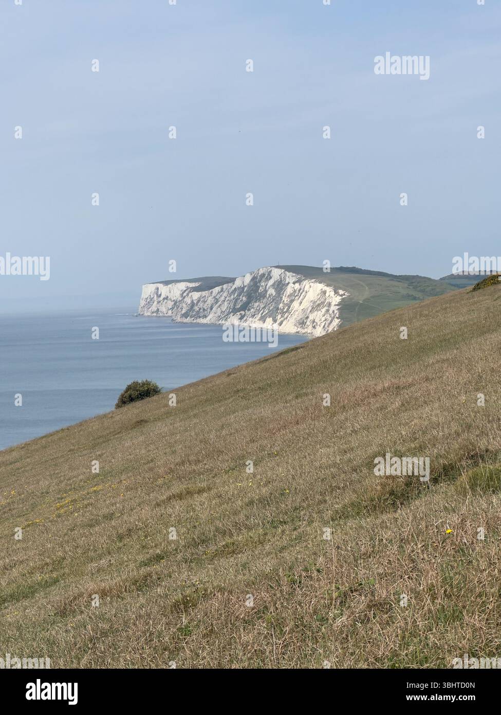 3 MAGGIO 2025 - Isola di Wight, Regno Unito - Una vista dalle colline orientali dell'Isola di Wight guardando in basso verso le scogliere Needles e Chalk Foto Stock
