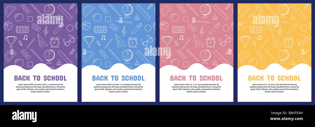 Torna a scuola. Un set di modelli per poster, materiale pubblicitario stampato, banner per la progettazione di siti Web e applicazioni Illustrazione Vettoriale
