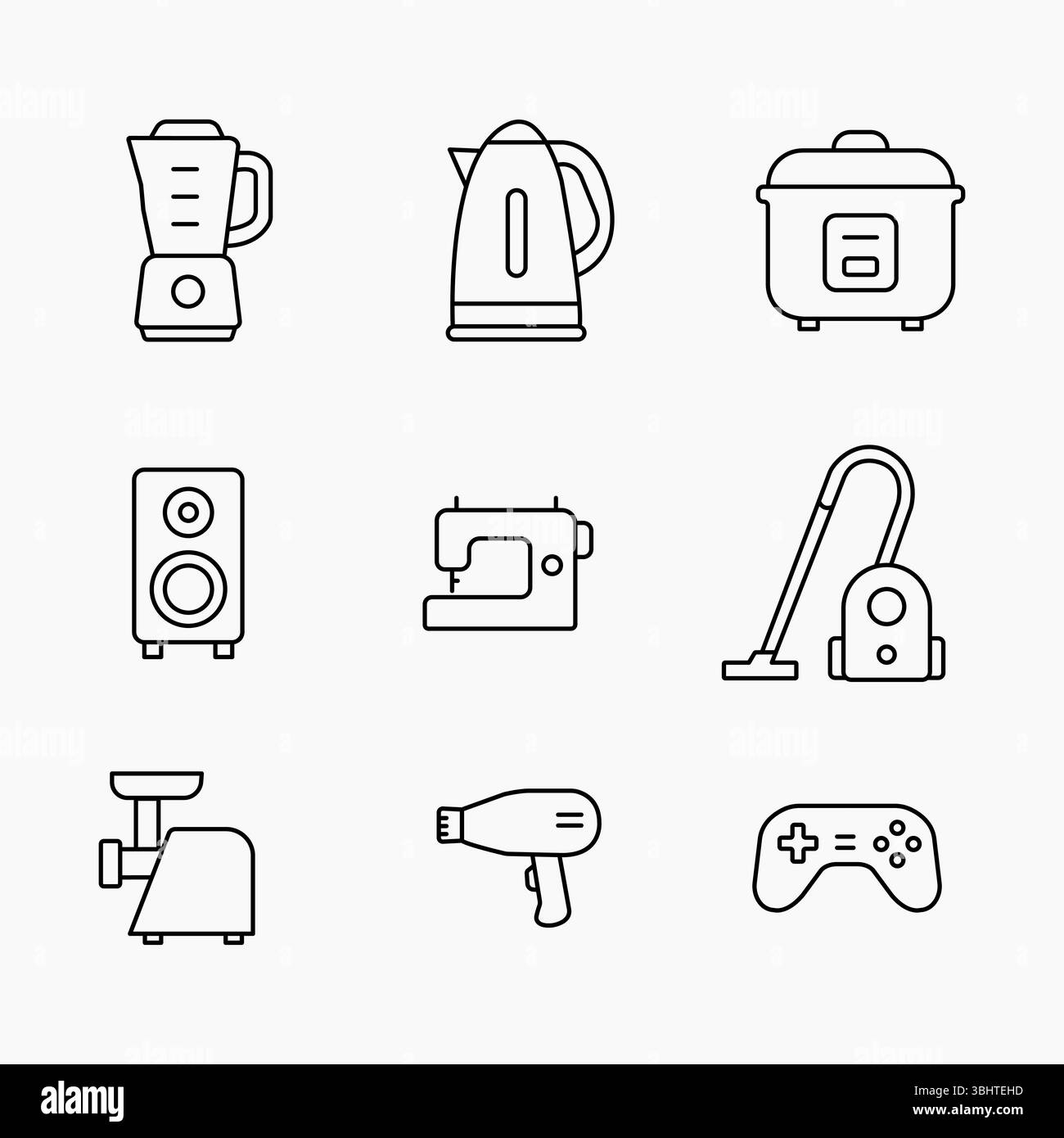 set di icone di contorno con elettrodomestici di uso quotidiano come frullatore, bollitore, aspirapolvere e altro ancora, illustrazione vettoriale Illustrazione Vettoriale