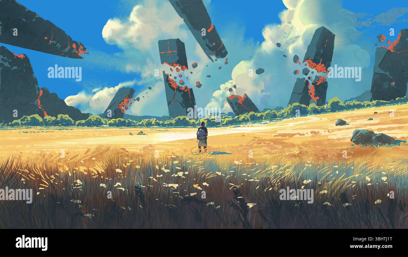 Un viaggiatore si trova in un'ampia prateria gialla che fissa enormi monoliti scuri che si rompono e levitano sotto un cielo blu brillante, stile artistico digitale Foto Stock