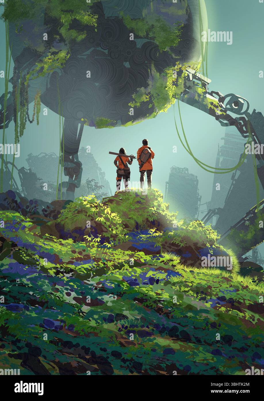 Due esploratori armati si stagliano su una lussureggiante collina di fronte a una massiccia macchina robotica ricoperta di vite in una giungla futuristica piena di rovine e ricrescita, digi Foto Stock