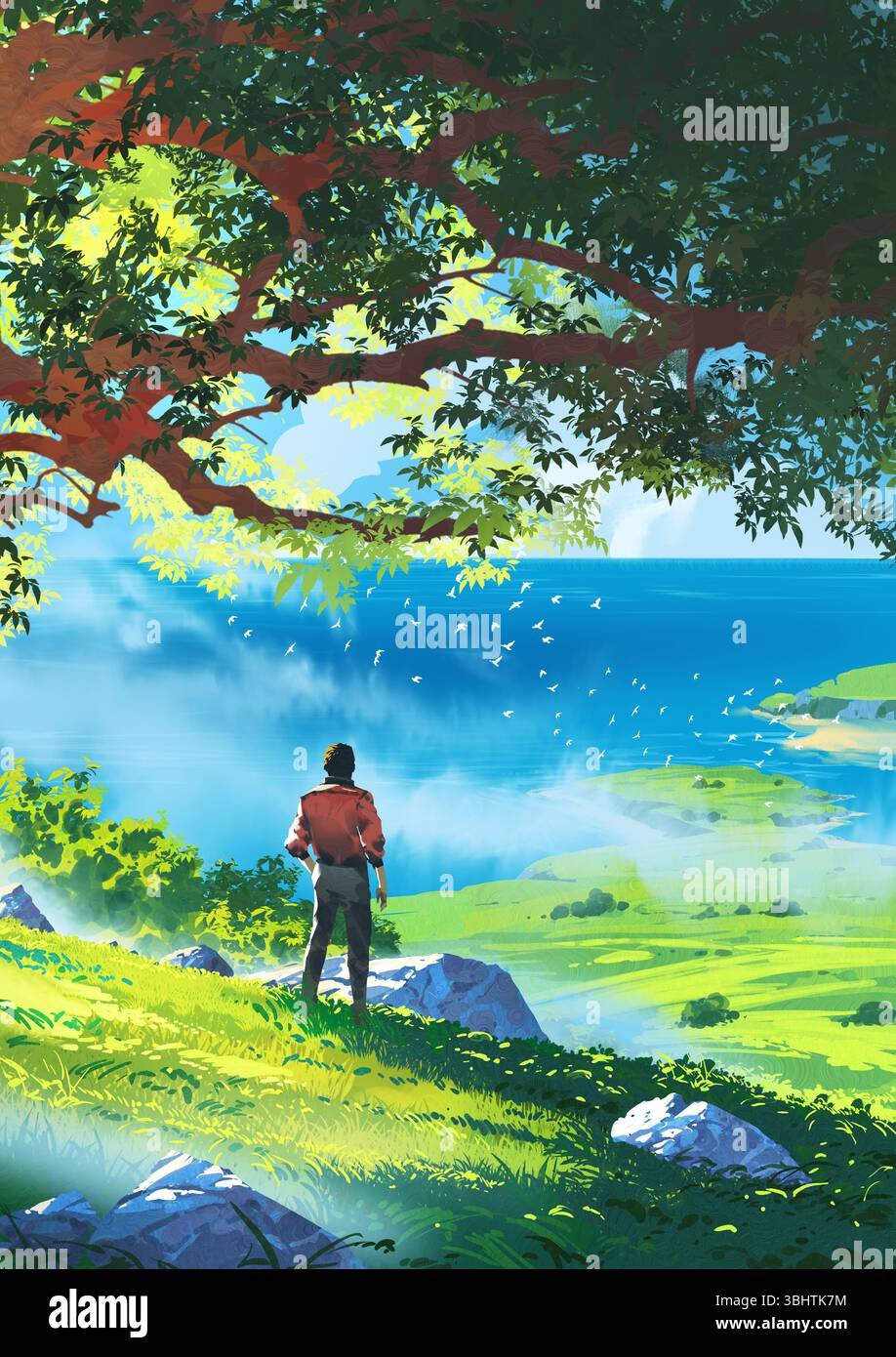 Un uomo con una giacca rossa si erge sotto un grande albero su una collina illuminata dal sole, guardando l'oceano azzurro e il lussureggiante paesaggio costiero verde, digitale A. Foto Stock