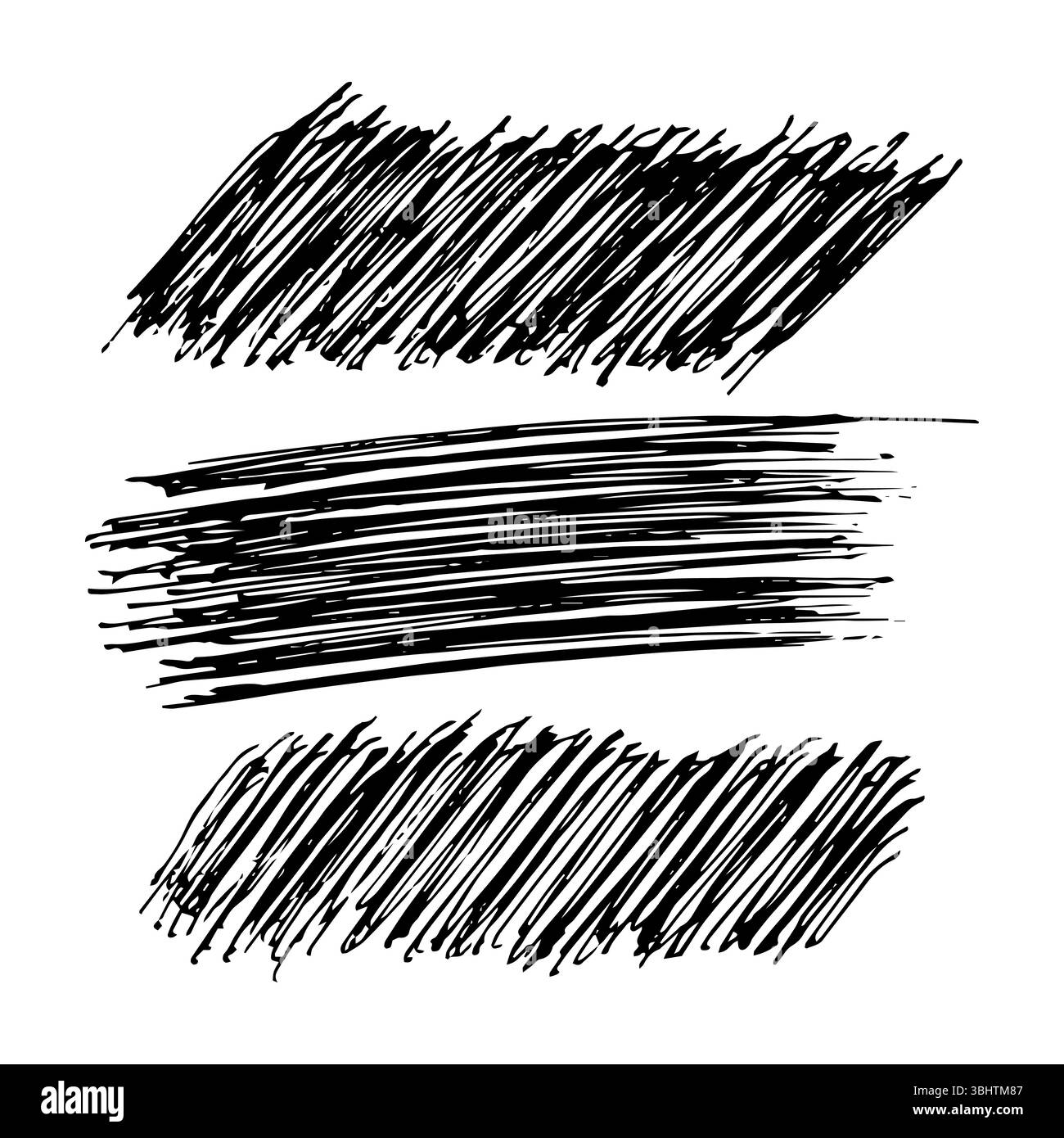 Schizzo striscio di striscio. Set di tre colorazioni Pencil Scribble disegnate a mano. Rullo per pittura Grunge in difficoltà. Illustrazione vettoriale. Illustrazione Vettoriale