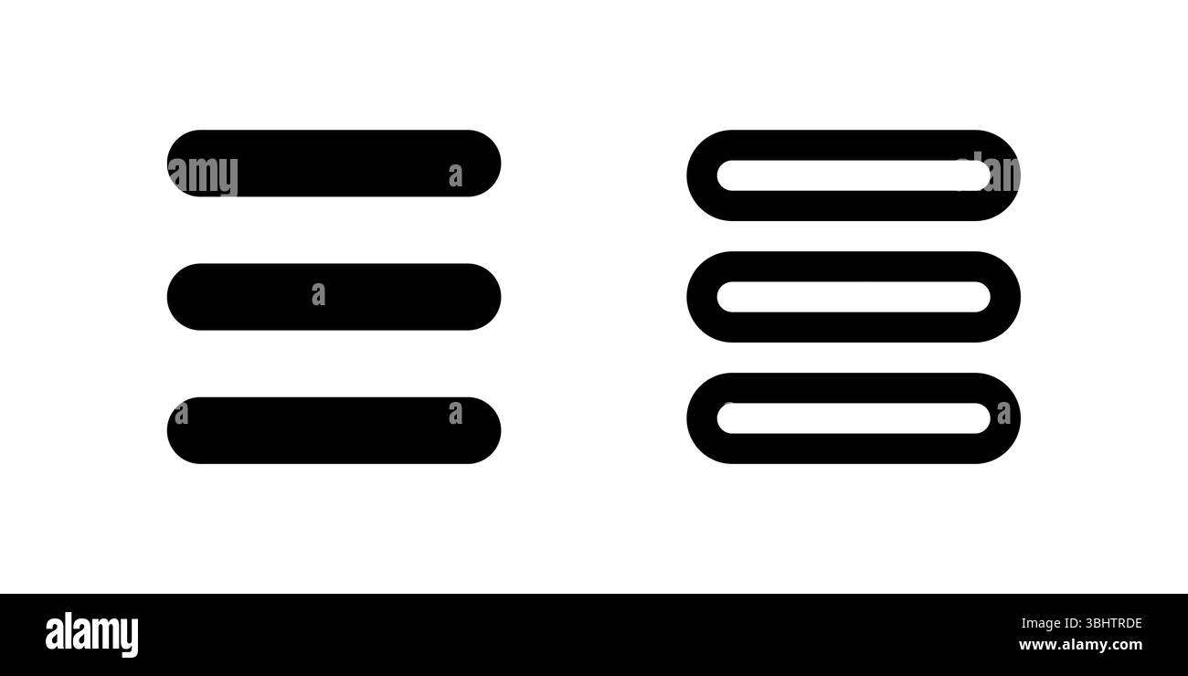 Set di icone visualizzazione elenco. Un glifo nero e un'icona di contorno di un layout di elenco, che rappresenta un'opzione di visualizzazione. Illustrazione Vettoriale