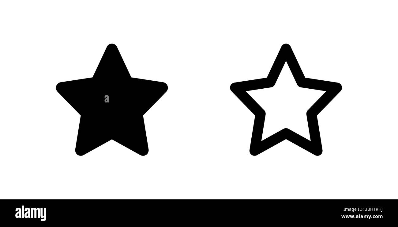 Set di icone con stella di valutazione. Un glifo nero e un'icona di contorno di una stella, che indica valutazioni o recensioni. Illustrazione Vettoriale