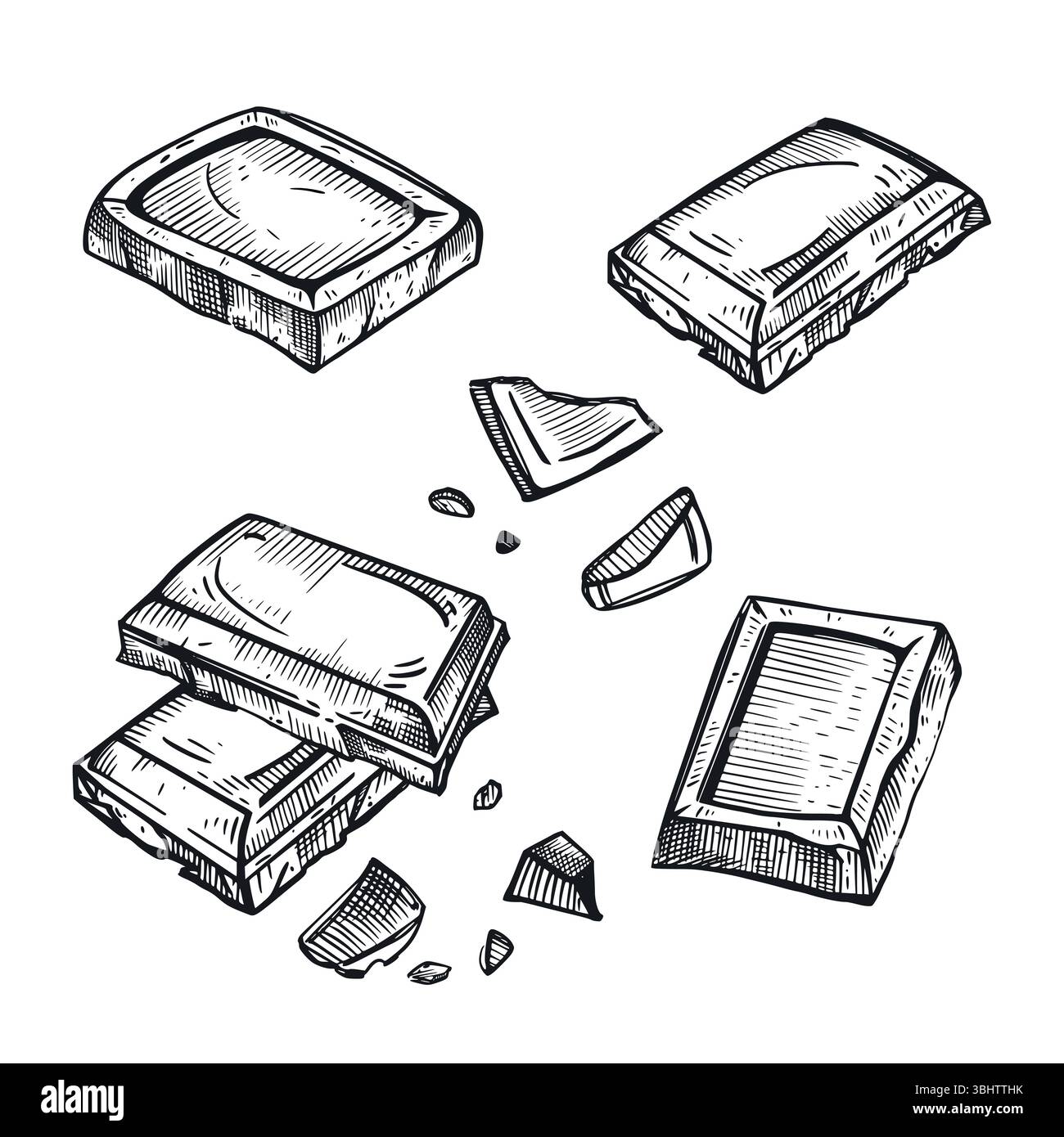 Serie di illustrazioni vettoriali. Tavoletta di cioccolato, pezzi e fette di cioccolato, briciole, tutti gli oggetti sono disegnati a mano in vettoriale in grigio scuro. Adatto per Illustrazione Vettoriale