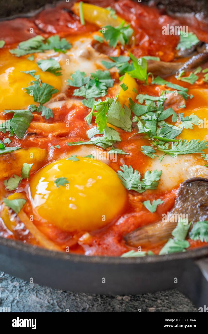Uova sospese a base di pomodoro speziato con funghi, peperoni ed erbe fresche Foto Stock