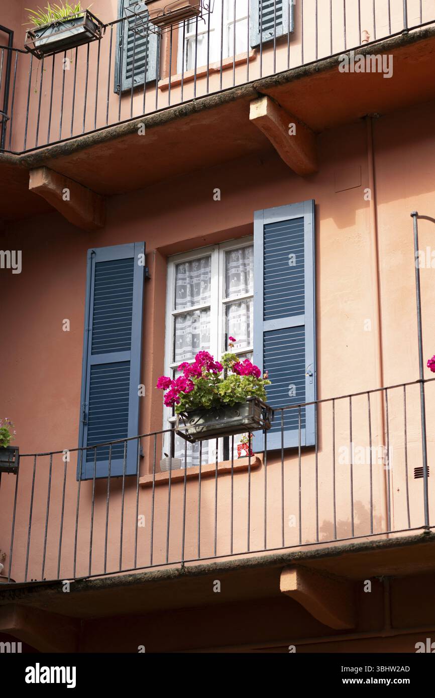 Esplorando la bellezza architettonica degli edifici colorati e l'affascinante design delle finestre con persiane blu e vivaci fioriere che creano un pittoresco paesaggio Foto Stock