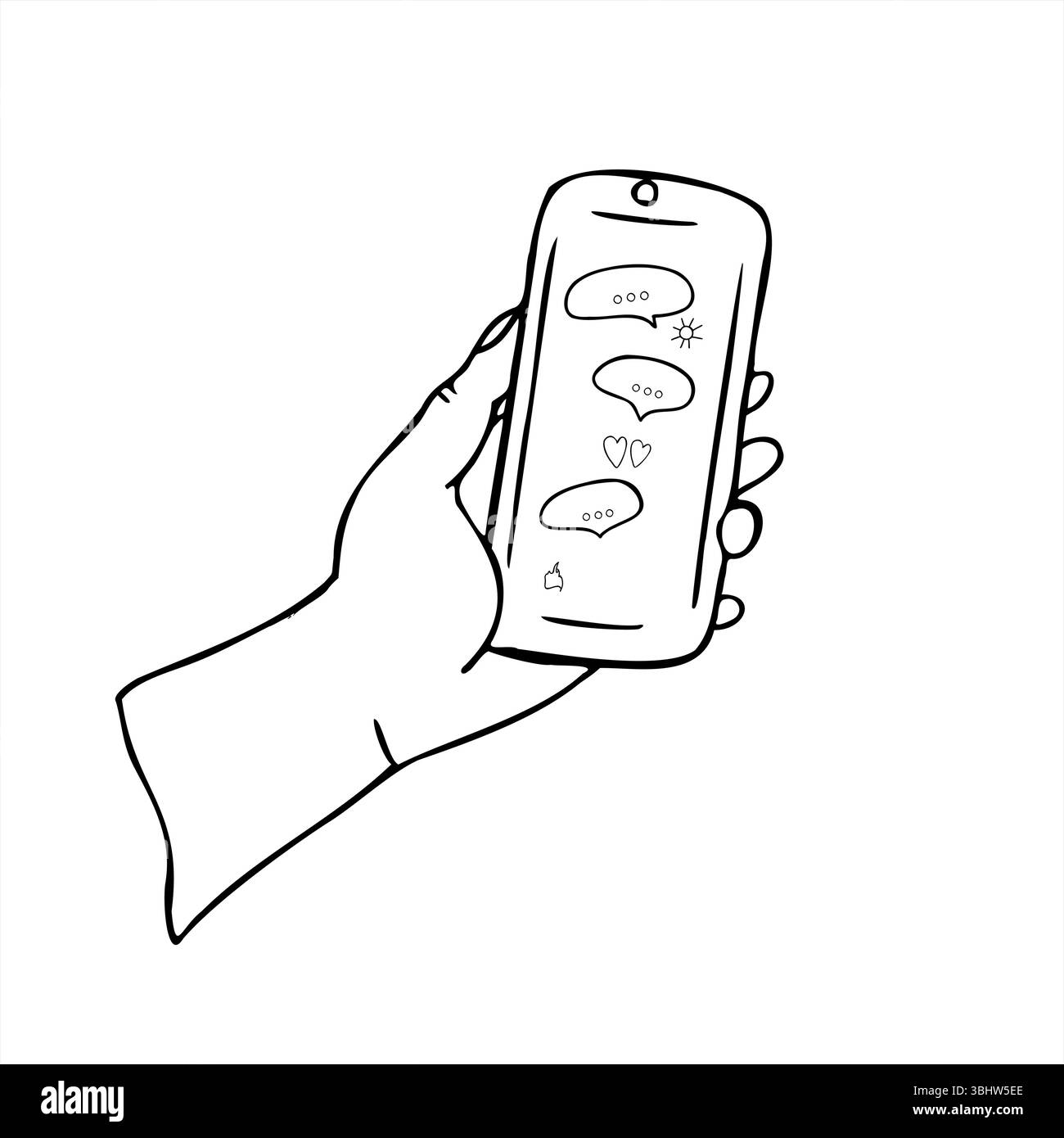Mano che tiene lo smartphone con bolle di messaggio, cuore, sole sullo schermo illustrazione vettoriale minimalista in bianco e nero. Immagine della comunicazione online Illustrazione Vettoriale