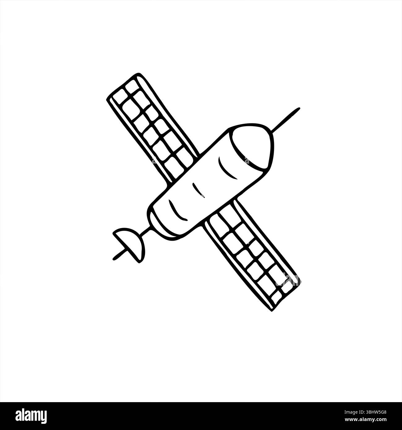Satellite volante con pannelli solari attivati illustrazione vettoriale monocromatica stilizzata. Schizzo grafico di veicoli spaziali per temi di tecnologia spaziale, fantascienza Illustrazione Vettoriale