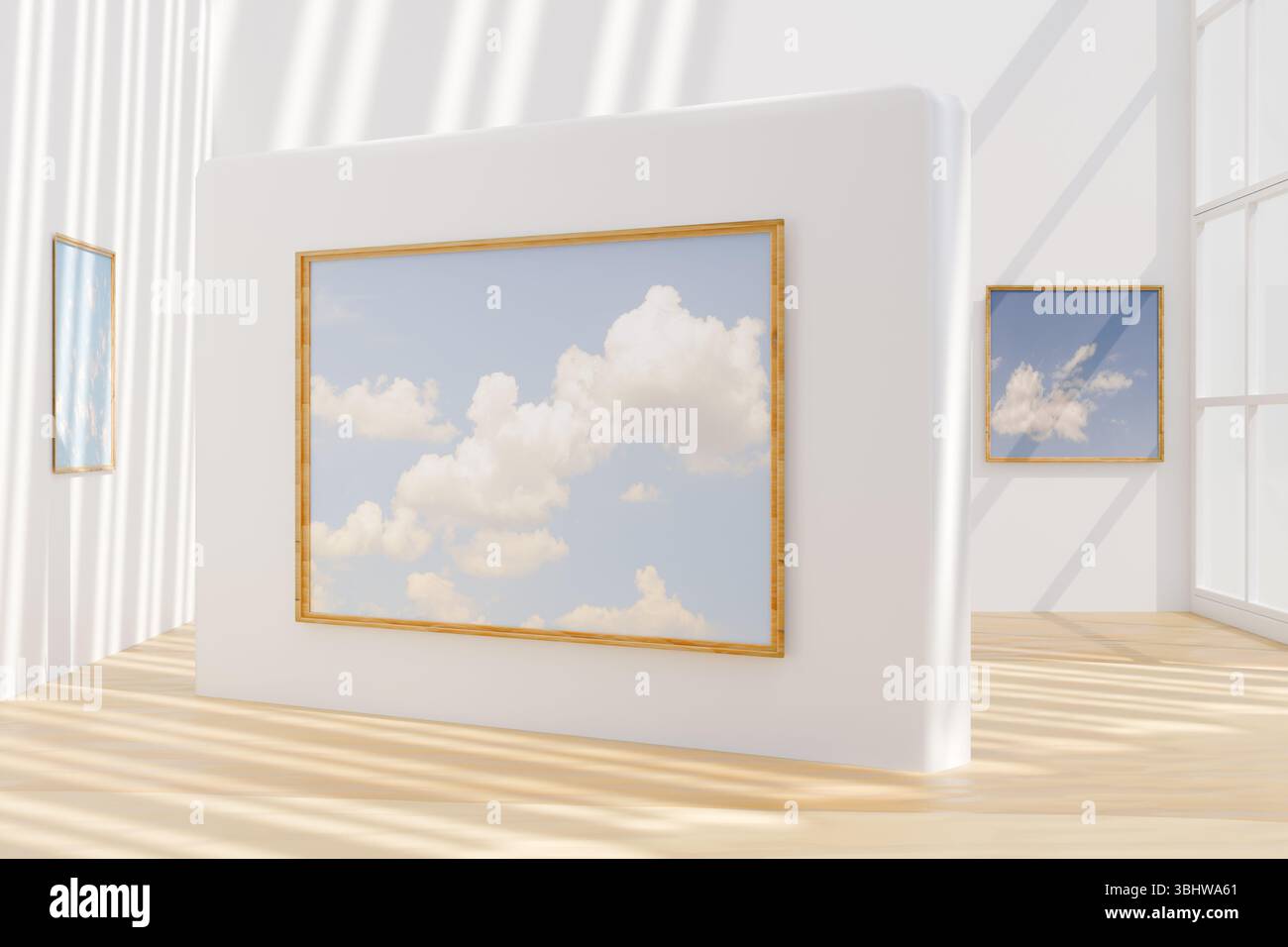 Galleria d'arte moderna con dipinti a tema nuvola in una camera luminosa e spaziosa. rendering 3d. Foto Stock