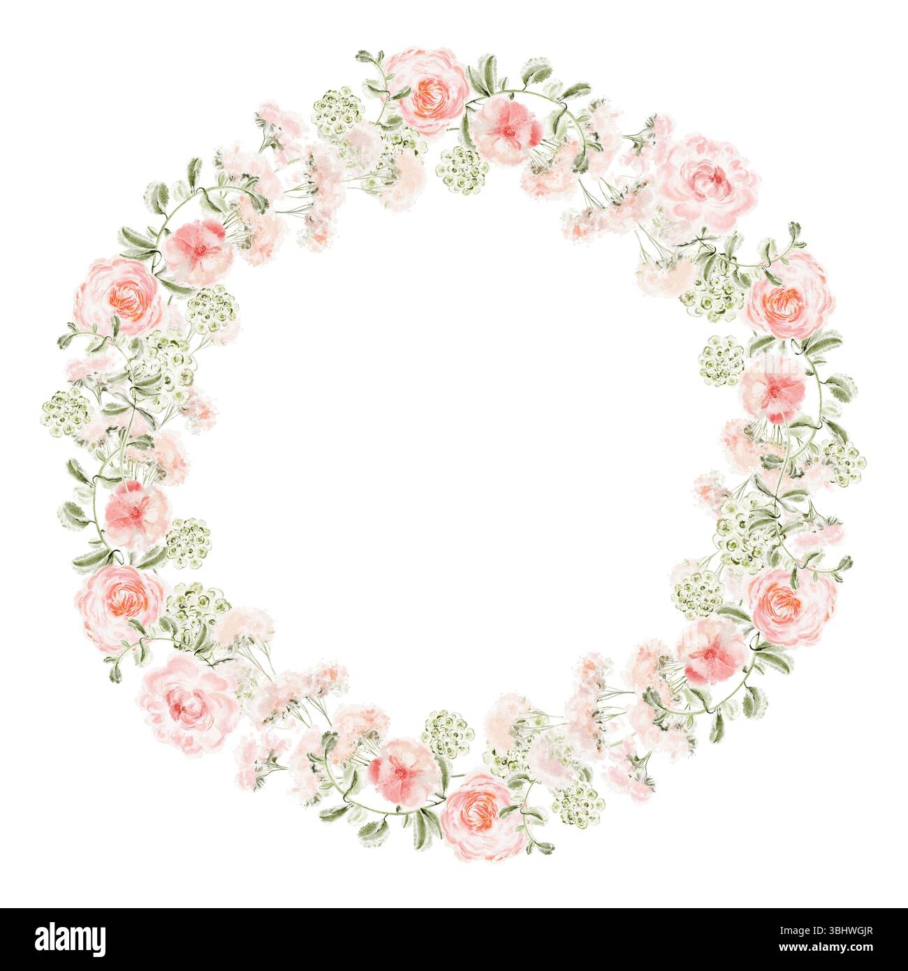 Corona floreale ad acquerello con peonie rosa, rose e foglie da giardino. Cornice circolare per biglietti d'auguri, inviti di nozze o design decorativo. Isolato Foto Stock
