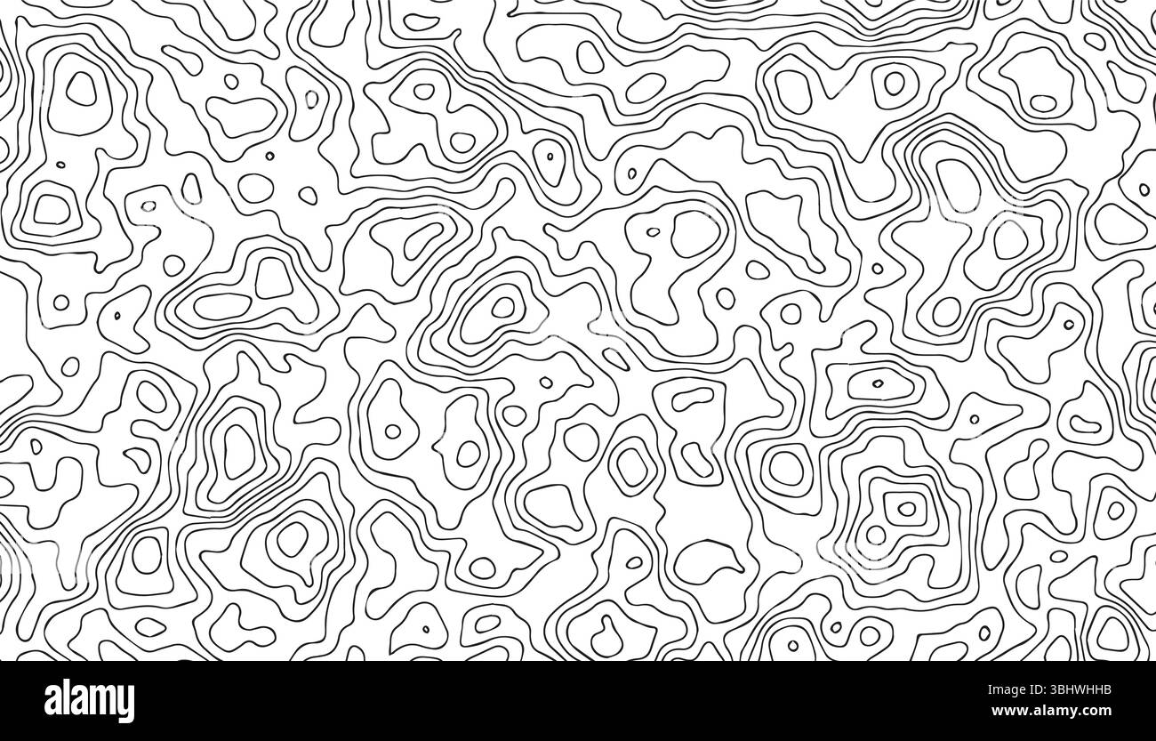 Finitura topografica dalle linee sottili su sfondo bianco. Elegante design delle mappe dei contorni per sfondi, temi scientifici, packaging e geometrie moderne Illustrazione Vettoriale