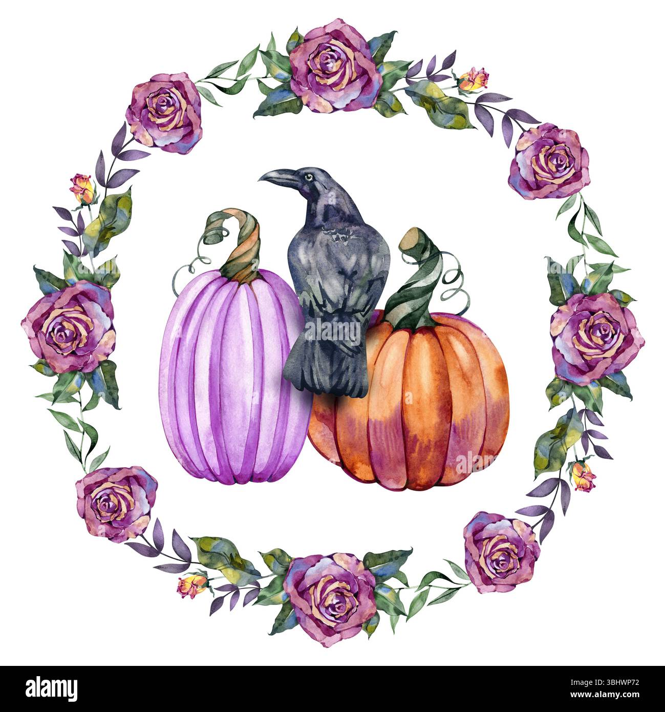 Acquerello disegnato a mano Halloween, corona vintage, con rose, zucche e corvo Foto Stock