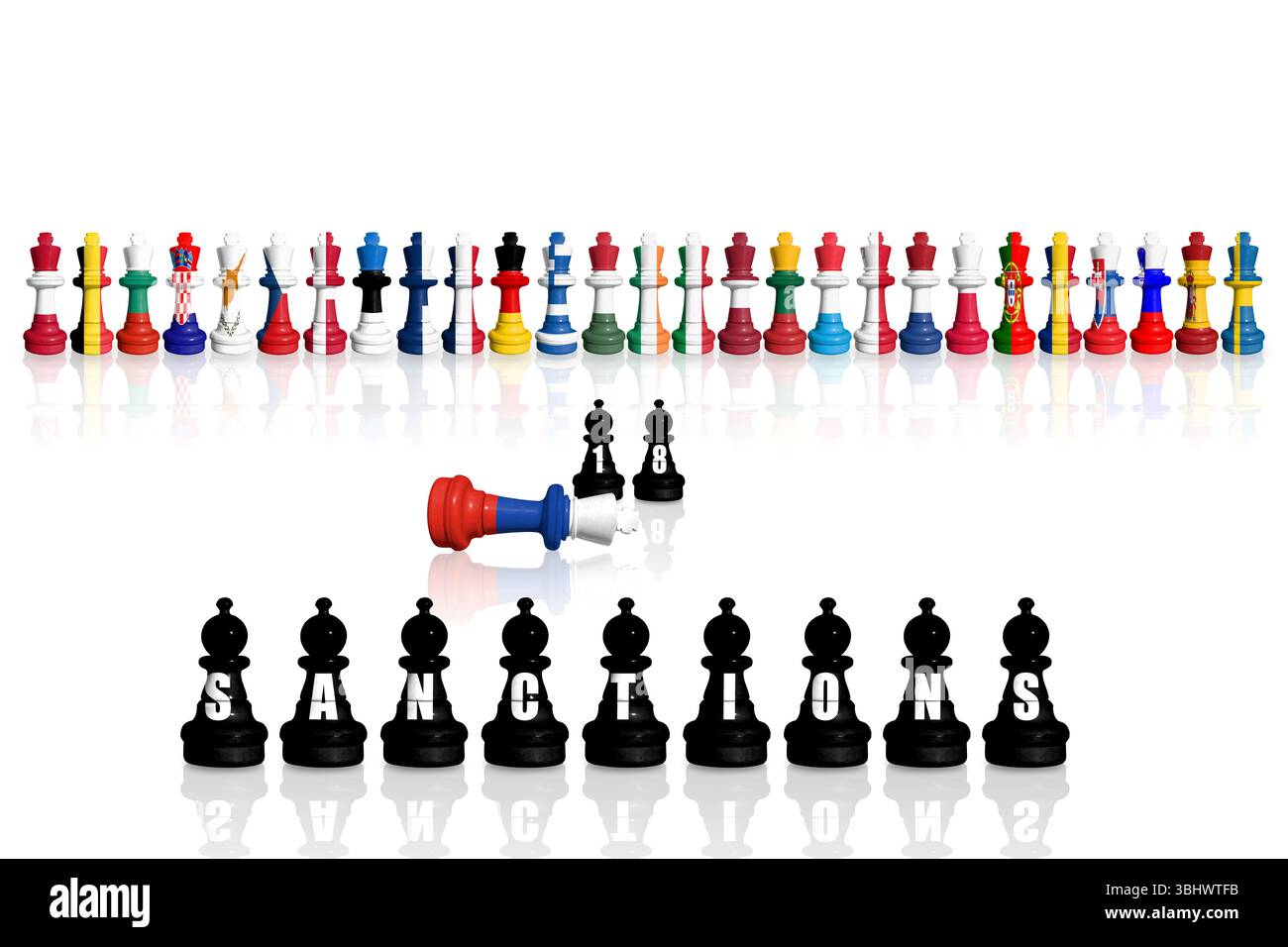 Sanzioni e embargo dell'Unione europea per la guerra russa e l'aggressione in Ucraina. Scacchi fatti con bandiere dei membri dell'UE e della Russia. 18 pacchetto sanzioni Foto Stock