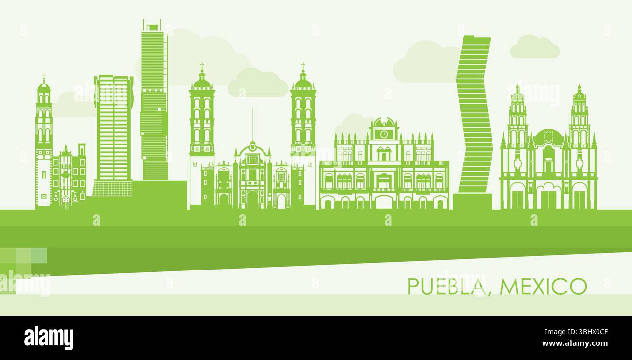 Panorama Green Skyline della città di Puebla, Messico - illustrazione vettoriale Illustrazione Vettoriale