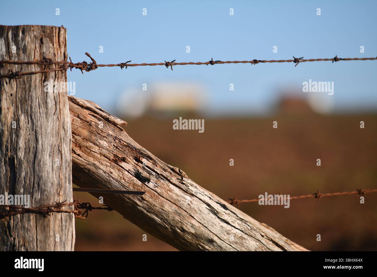 Paesaggio rurale con recinzioni e macchinari agricoli invecchiati a South Burnett, Queensland, Australia Foto Stock