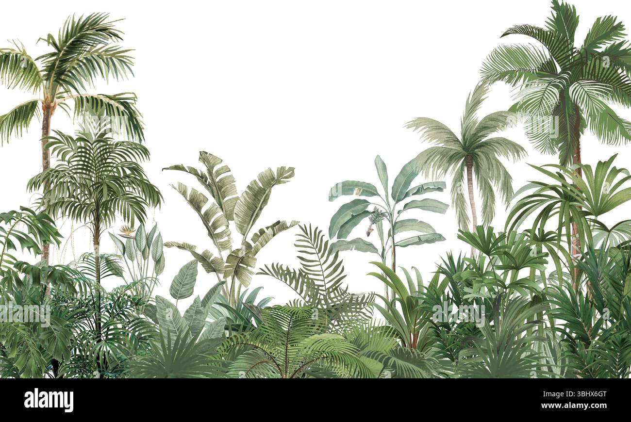 Murales della natura moderna: Palme grigie, piante esotiche e uccelli volanti Foto Stock