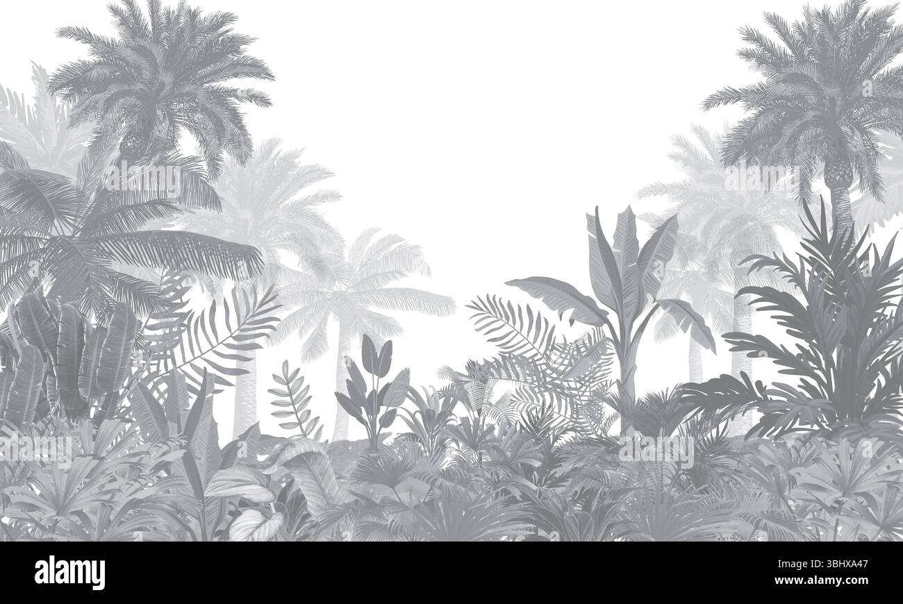 Murales della natura moderna: Palme grigie, piante esotiche e uccelli volanti Foto Stock