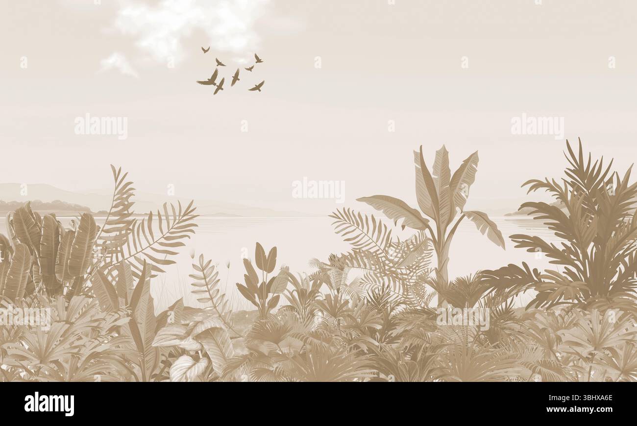 Murale sulla costa: Palme marroni sbiadite e paesaggi di uccelli volanti Foto Stock
