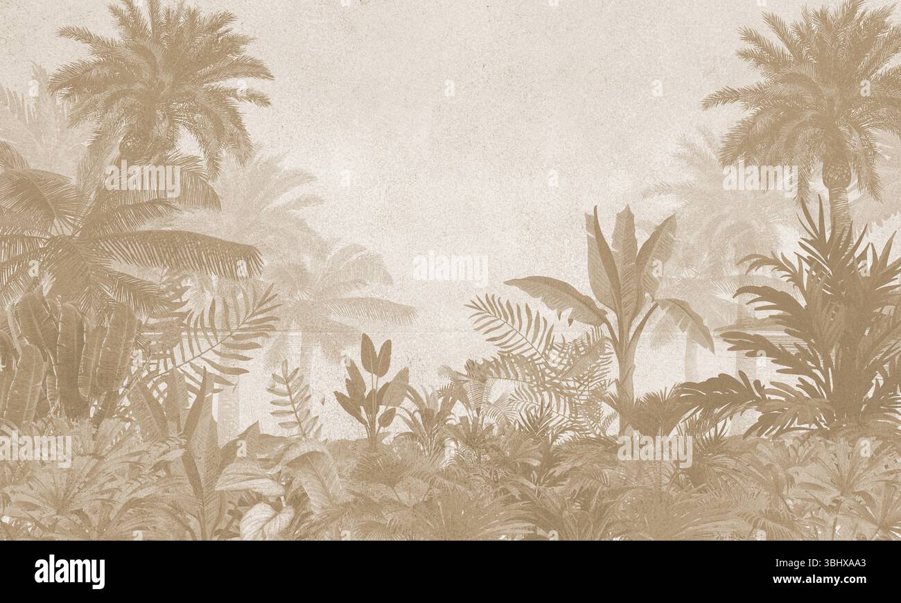 Murale Aged Nature Wall: Palme con tonalità seppia e piante esotiche Foto Stock
