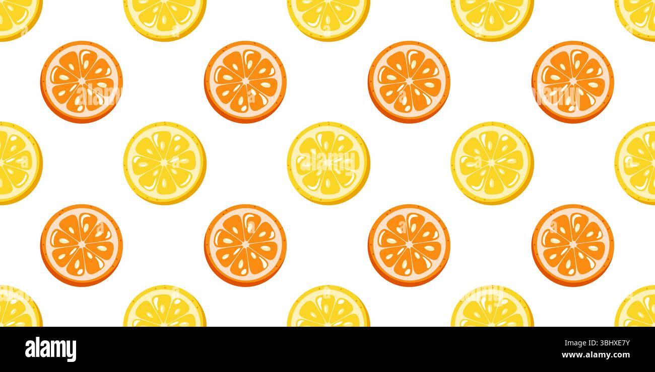 Motivo estivo senza cuciture con fette di arancio e limone su sfondo bianco. Sfondo vettoriale cartoni animati. Illustrazione Vettoriale