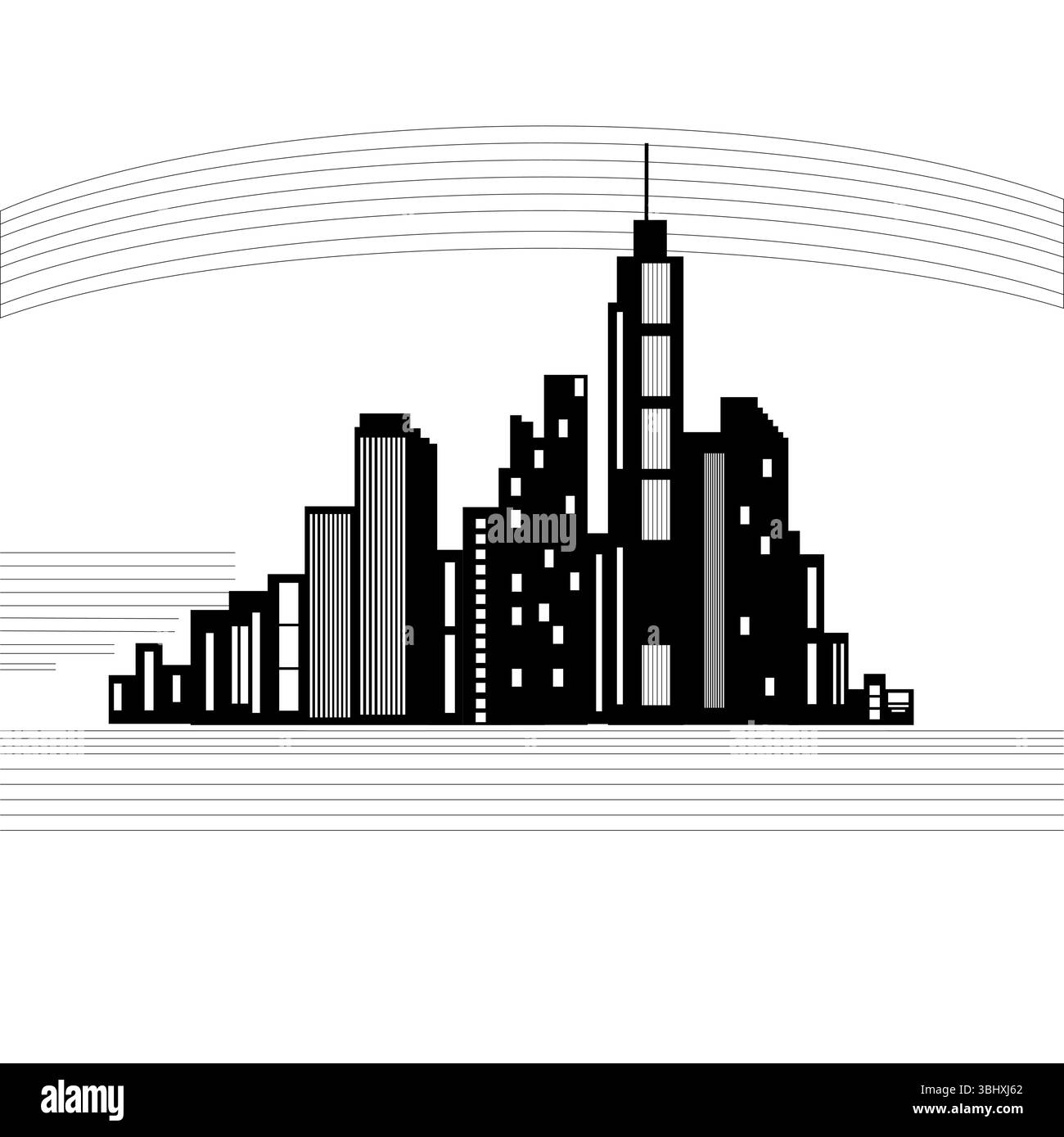 Icona vettoriale città. Forma della silhouette dello skyline. Edificio di design nero. Simbolo sfondo bianco. Illustrazione Vettoriale