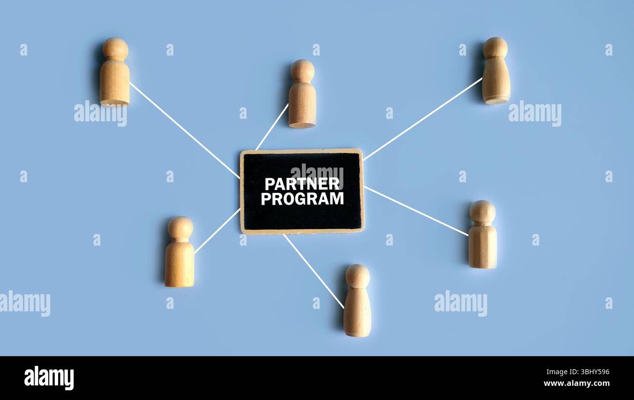 Accanto al cartello scritto con il programma Partner sono presenti persone in legno. Foto Stock