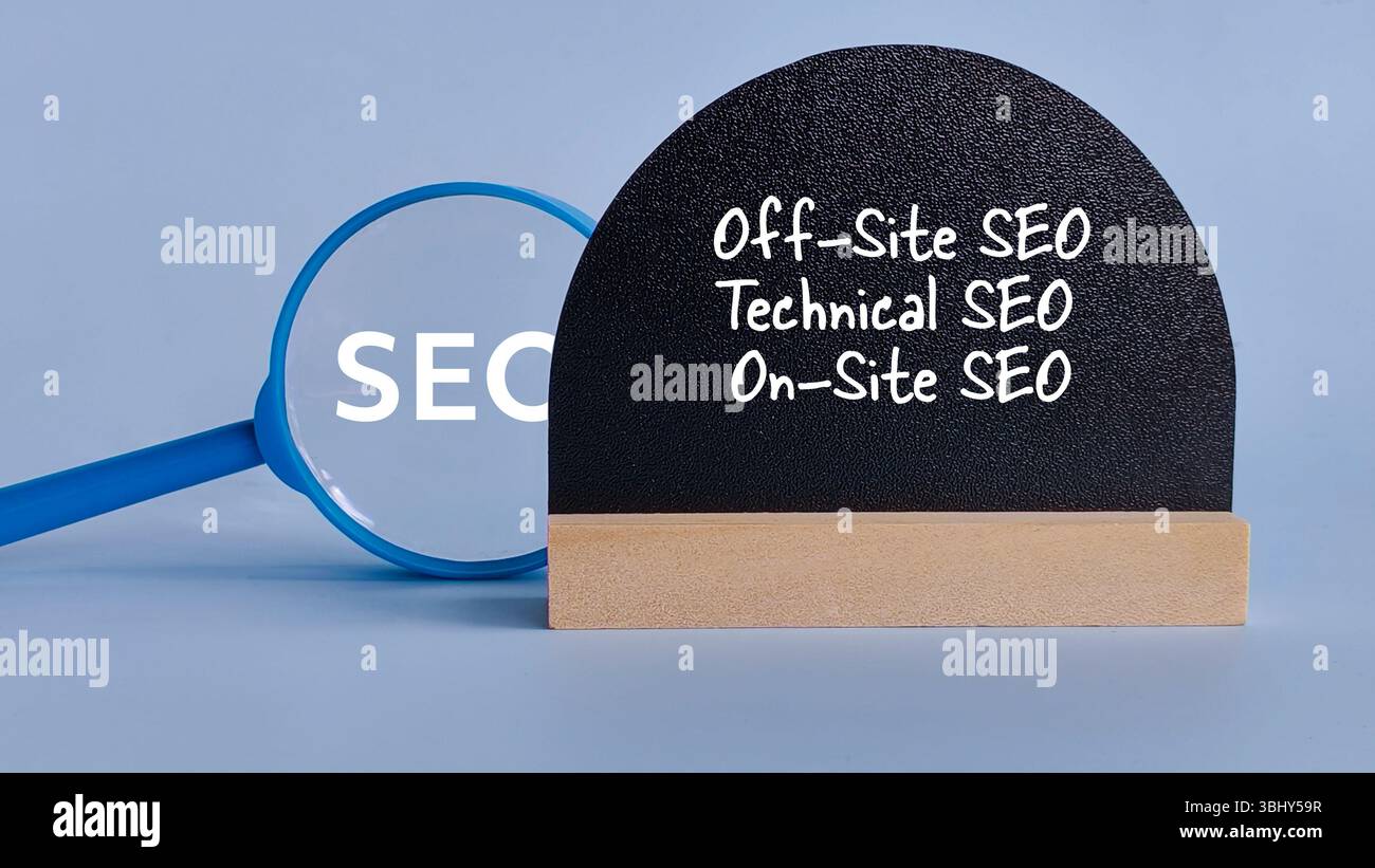 Lente d'ingrandimento blu con cartellino che mostra "SEO fuori sede", "SEO tecnico" e "SEO in loco" che rappresenta l'ottimizzazione completa dei motori di ricerca Foto Stock